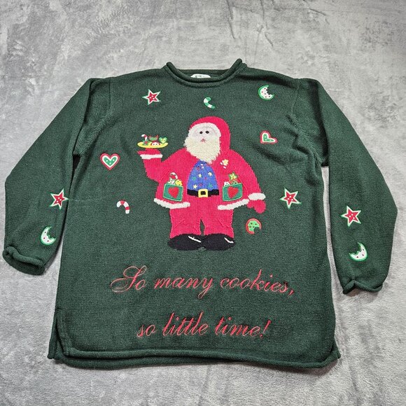 Vtg Quacker Factory Sweater Womens 1X Green Christmas So Many Cookies Santa - Picture 1 of 9